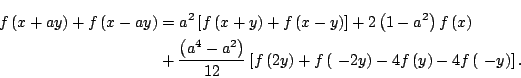egin{multline*} fleft( {x + ay} ight) + fleft( {x - ay} ight) = a^2 lef... ...right) - 4fleft( y ight) - 4fleft( { - y} ight)} ight]. end{multline*}