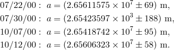 07∕22∕00 : a = (2.65611575 × 107 ± 69) m, 3 07∕30∕00 : a = (2.65423597 × 10 ± 188) m, 10∕07∕00 : a = (2.65418742 × 107 ± 95) m, 7 10∕12∕00 : a = (2.65606323 × 10 ± 58) m.