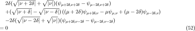 2d( V~ |n-+-2d|+ V~ |n| )(y - y ) V ~ ------- V~ ------- m+2d,n+2d m-2d,n+2d +( |n + d|- |n - d|)((m + 2d)ym+2d,n- mym,n + (m - 2d)ym -2d,n) V~ -------- V~ --- - 2d( |n - 2d|+ |n |)(ym+2d,n-2d- ym -2d,n-2d) = 0 (52)