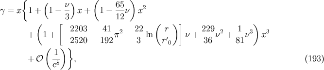 { ( n) ( 65 ) g = x 1 + 1 - -- x + 1 - --n x2 ( [ 3 12 ( )] ) 2203- 41-- 2 22- r-- 229- 2 1--3 3 + 1 + - 2520 - 192p - 3 ln r' n + 36 n + 81n x ( )} 0 + O -1 , (193) c8