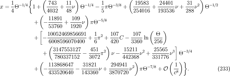 { ( ) ( ) 1 -1/4 743 11 -1/4 1 -3/8 19583 24401 31 2 -1/2 x = 4Q 1 + 4032- + 48-n Q - 5-pQ + 254016- + 193536-n + 288-n Q ( ) 11891- 109-- -5/8 + - 53760 + 1920 n pQ [ ( ) + - 10052469856691--+ 1-p2 + 107-C - -107- ln Q--- 6008596070400 6 420 3360 256 (3147553127 451 ) 15211 25565 ] + ------------- -----p2 n - -------n2 + -------n3 Q- 3/4 ( 780337152 3072 442368) 331776 ( )} 113868647-- -31821- 294941-- 2 -7/8 1- + - 433520640 - 143360 n + 3870720 n pQ + O c8 . (233)