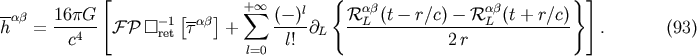 [ { } ] --ab 16pG [-- ] + sum oo (- )l Rab (t- r/c) - Rab (t + r/c) h = ---4-- F P [] -r1et tab + -----@L --L--------------L---------- . (93) c l=0 l! 2 r